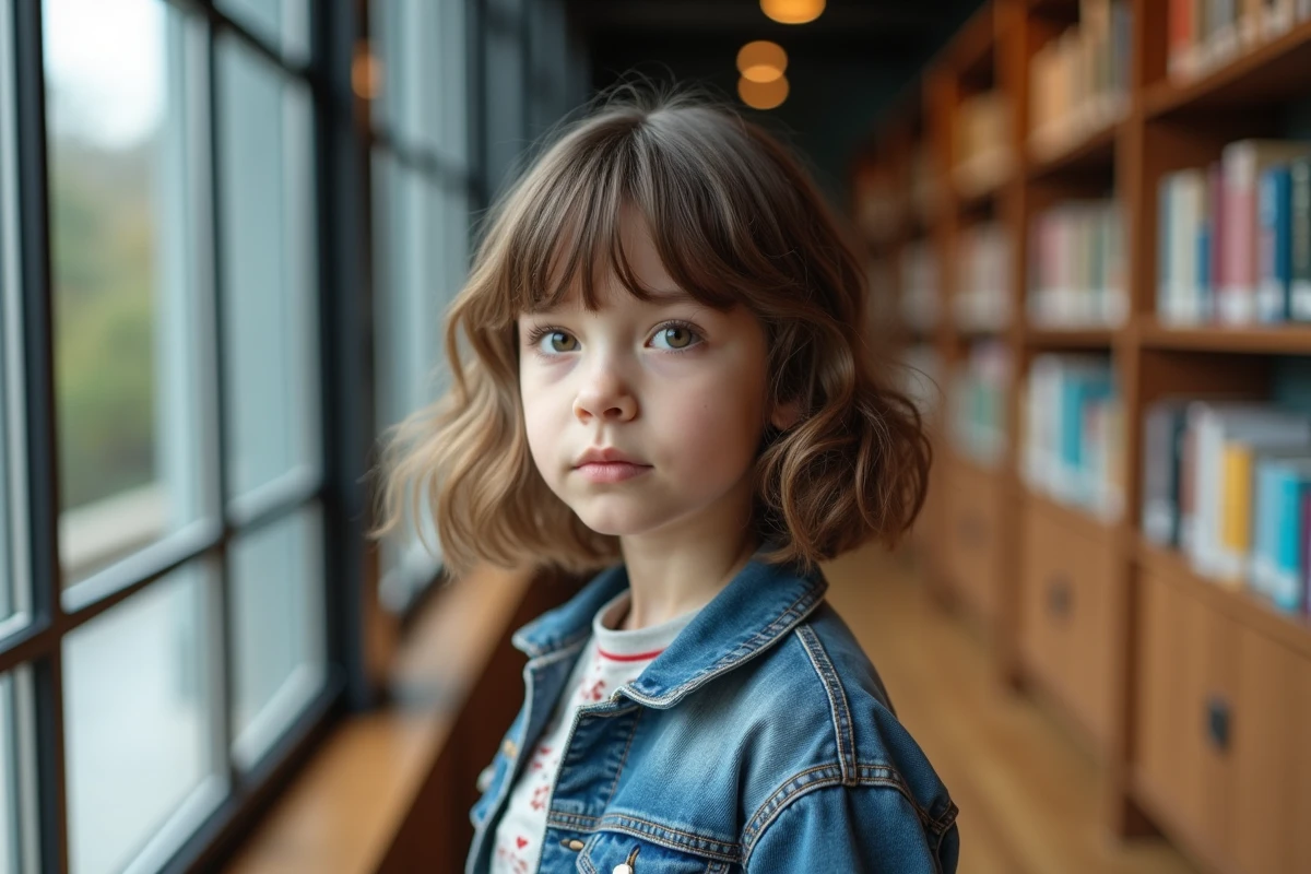 Jeune fille pensant dans une bibliothèque moderne
