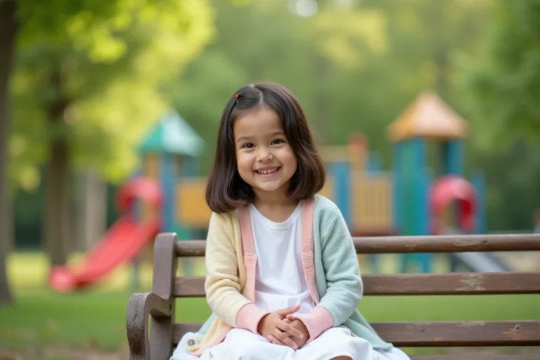 Jeune fille souriante en parc avec cardigan pastel