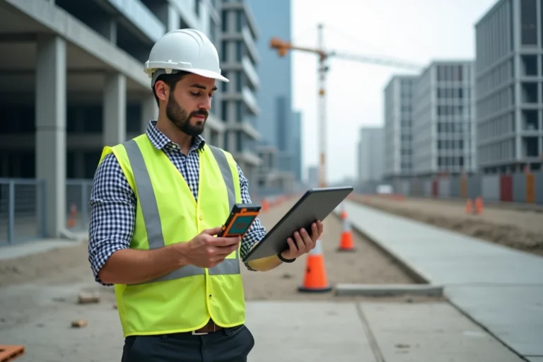 Geometre avec GPS sur site de construction urbaine