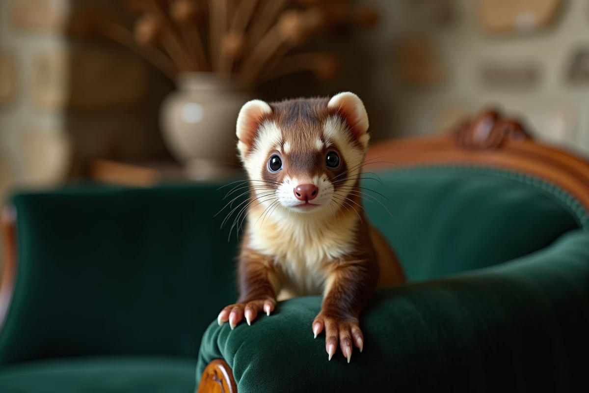 Gros plan d'une belette aux yeux vifs posée sur un canapé en velours dans une maison de campagne française