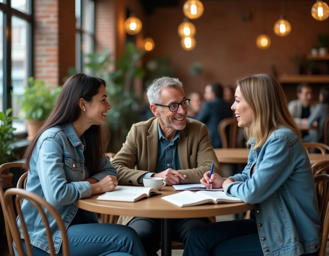 Groupe de personnes engagées dans une discussion philosophique profonde autour d'une table de café, explorant les grandes questions existentielles sur le sens de la vie