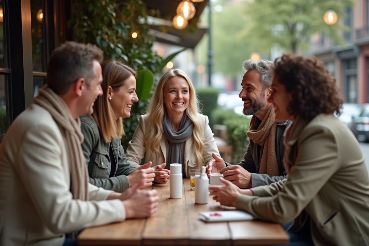 Groupe divers discutant de soins visage en café extérieur
