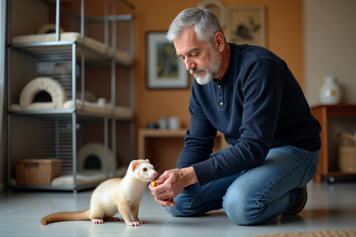 Homme offrant une friandise à sa belette domestique dans un espace aménagé pour animaux