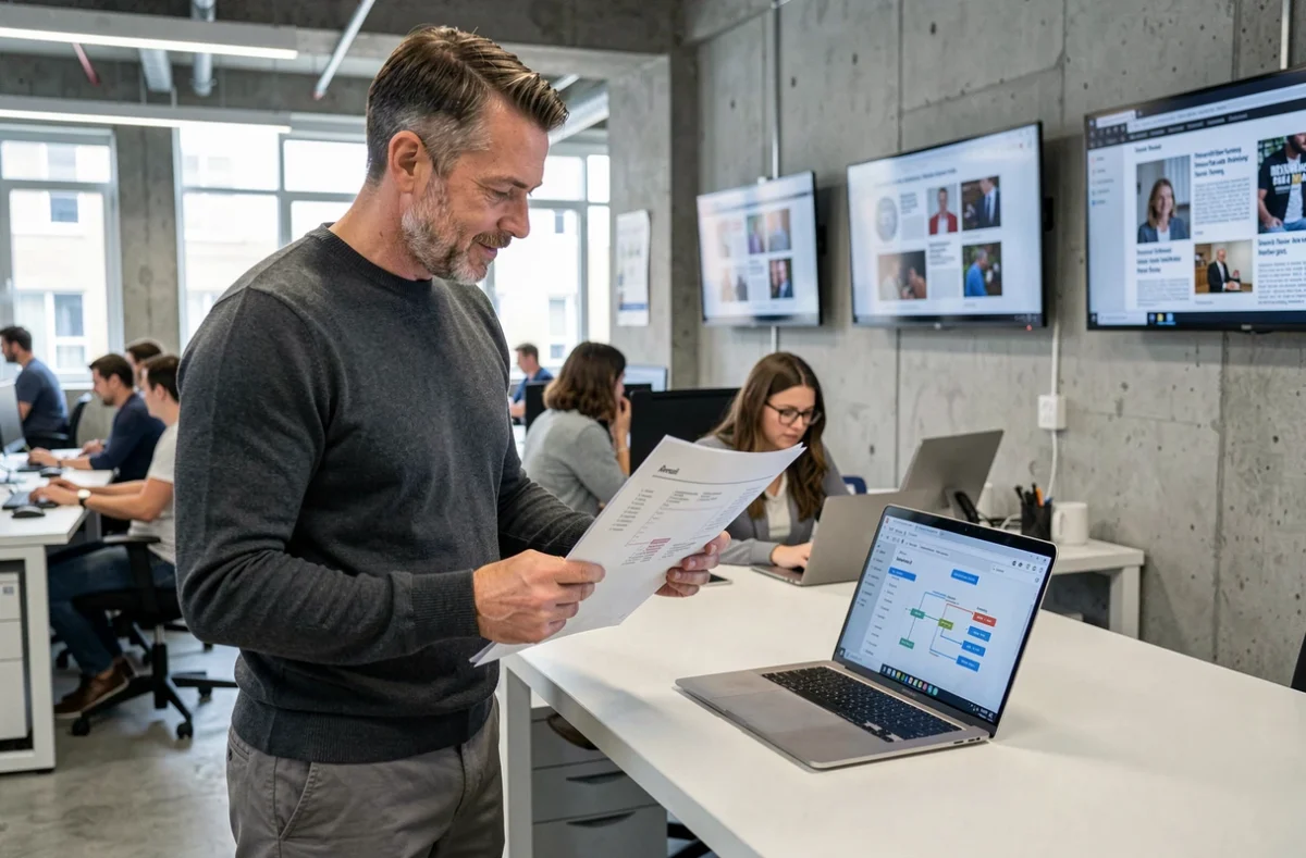 Homme consultant le plan du site imprimé de Wow Magazine dans une salle de rédaction moderne