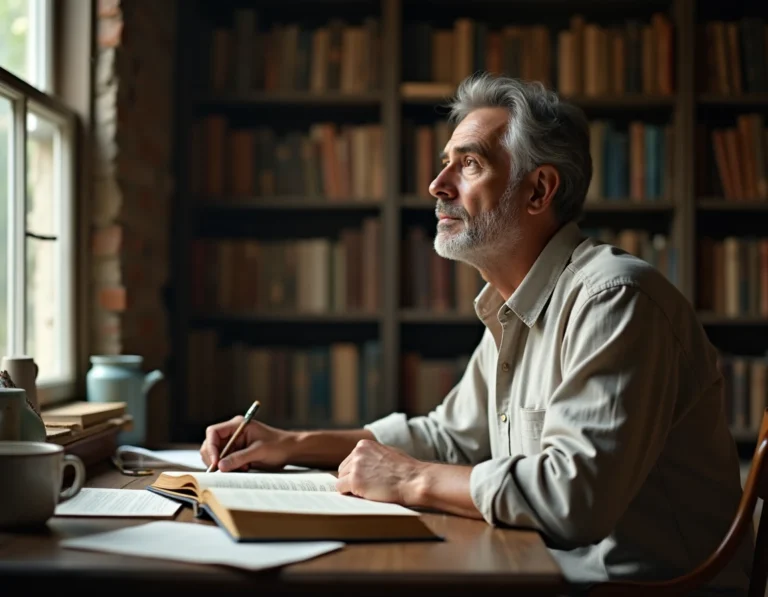 Homme d'âge mûr méditant sur le sens de la vie dans une bibliothèque personnelle, entouré de livres de philosophie