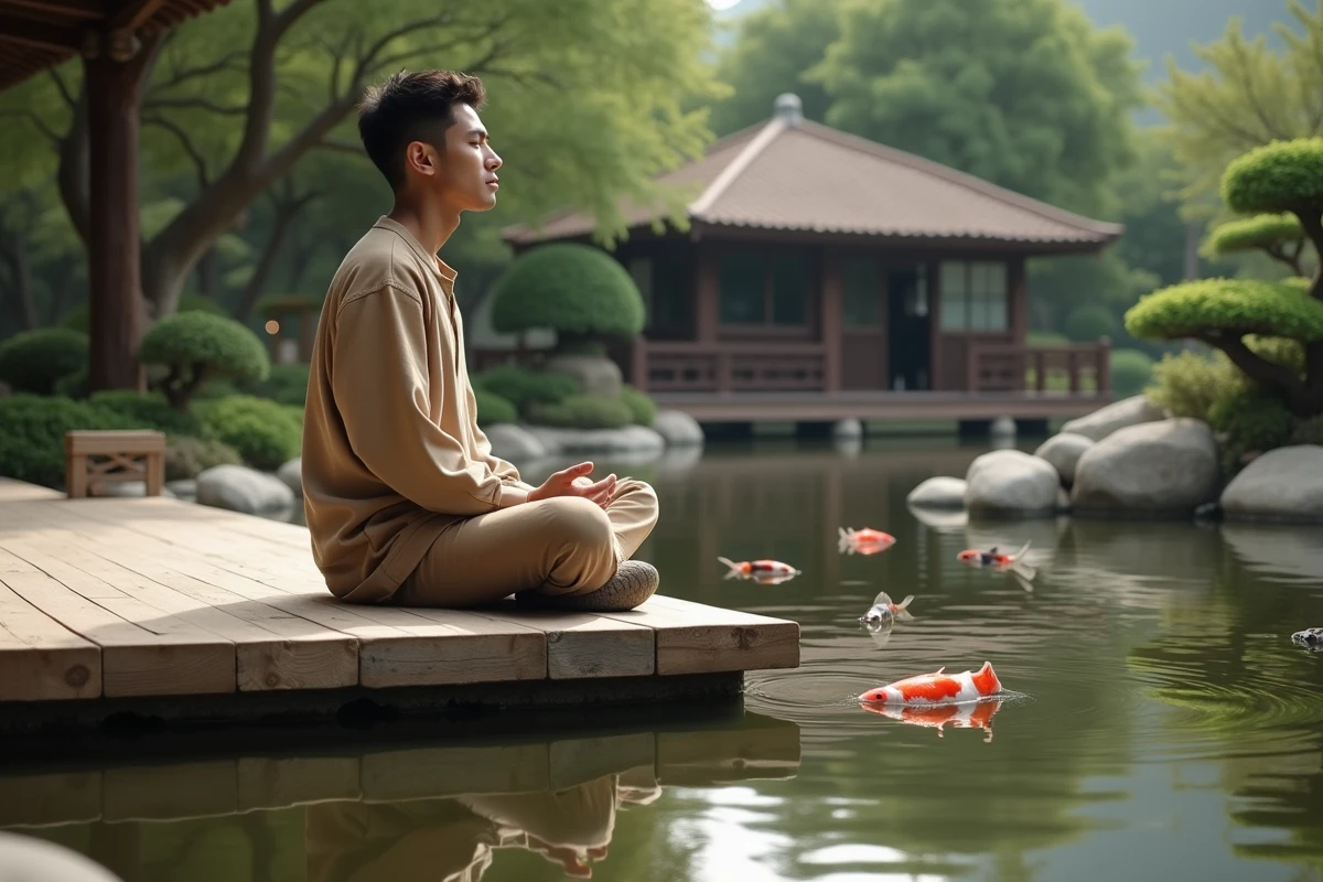Jeune homme méditant près d’un bassin koi