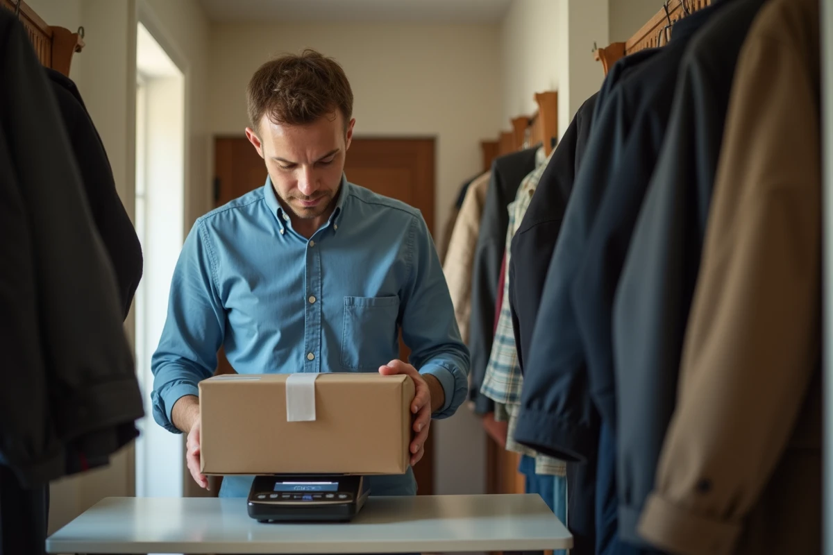 Homme pesant un colis dans une entrée ensoleillee