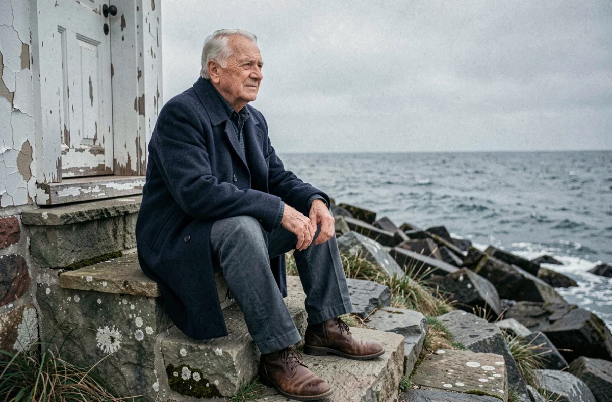 Homme âgé assis devant un vieux phare côtier, incarnant la résilience et la sagesse acquises avec le temps