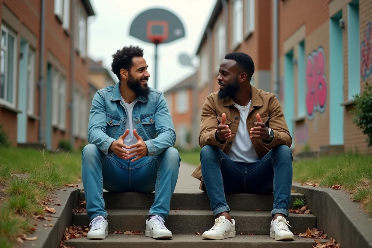 Deux hommes adultes en discussion dans un quartier urbain, illustrant le contexte social et culturel d'expressions populaires comme wallah lahdim