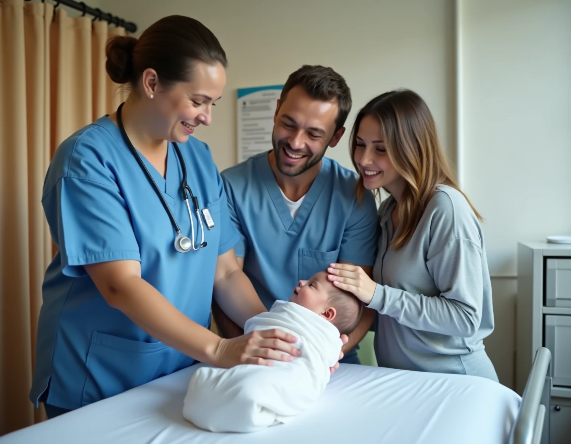 Infirmière en maternité montrant la technique d'emmaillotage à de jeunes parents dans une chambre d'hôpital moderne