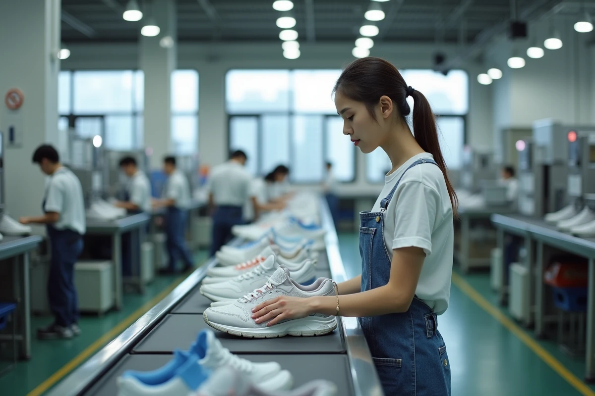 Jeune femme inspectant des sneakers dans une usine moderne