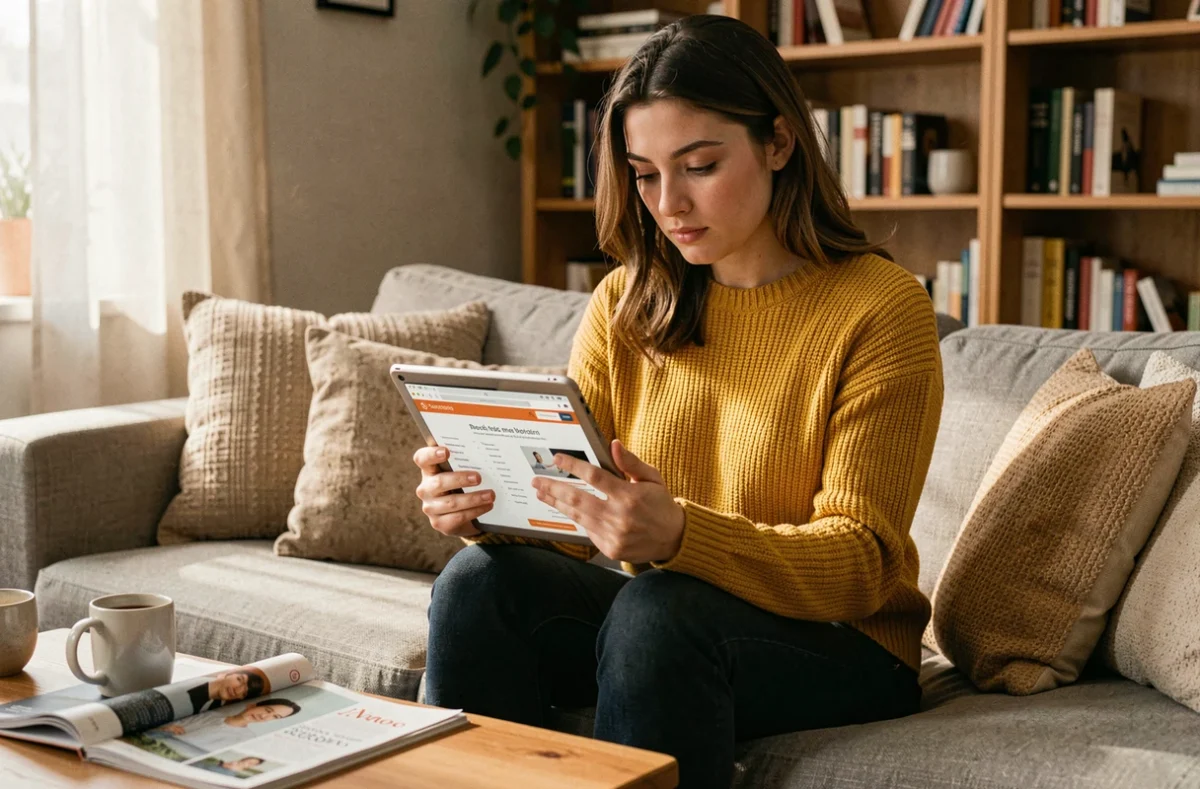 Jeune femme explorant le plan du site Wow Magazine sur une tablette dans son salon