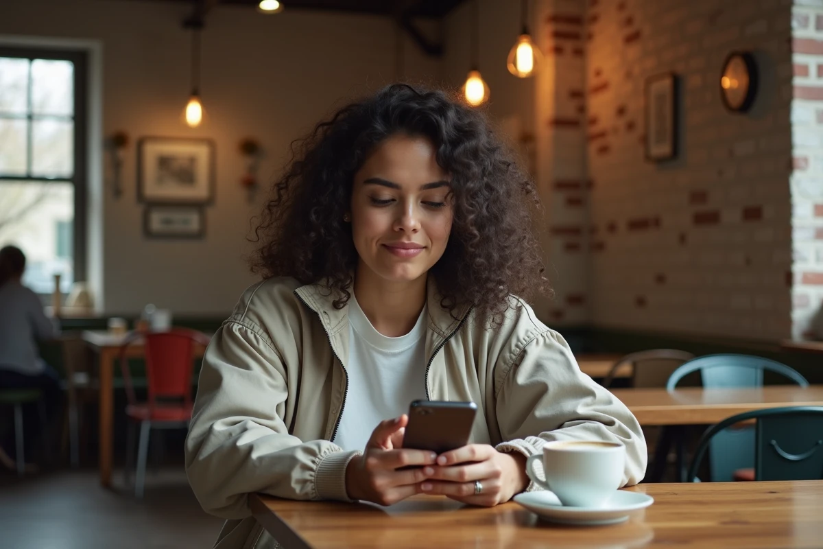 Jeune femme utilisant son smartphone dans un café, expression amusée évoquant l'usage des expressions vernaculaires comme wallah lahdim dans les échanges numériques