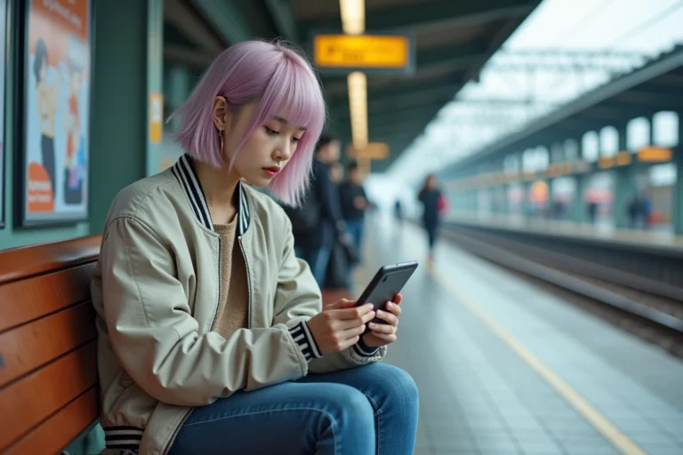 Jeune femme en streetwear japonais lisant sur une tablette