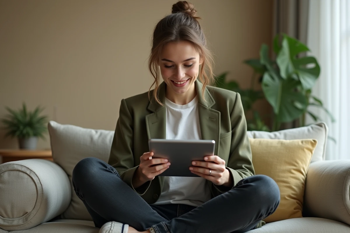 Jeune femme consultant des conseils d'optimisation sur tablette pour améliorer ses résultats sur une plateforme en ligne