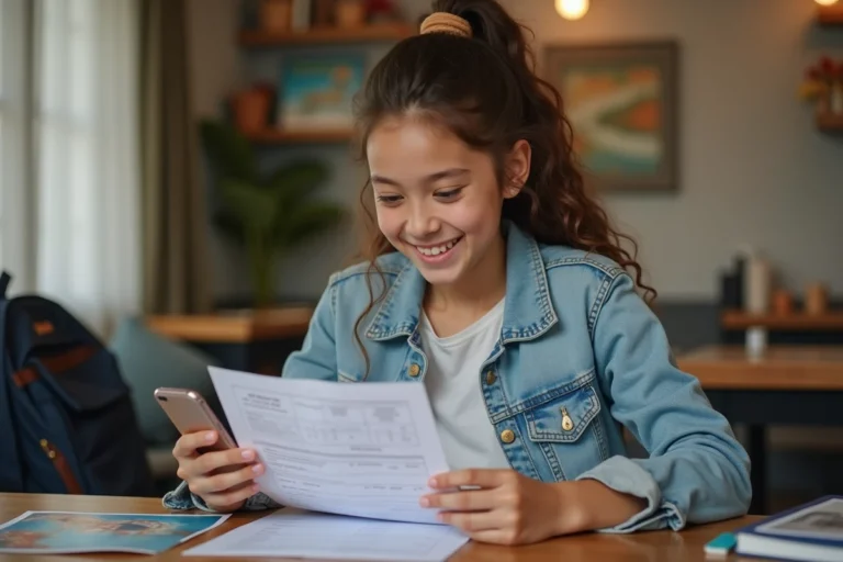 Jeune fille souriante avec formulaire et téléphone
