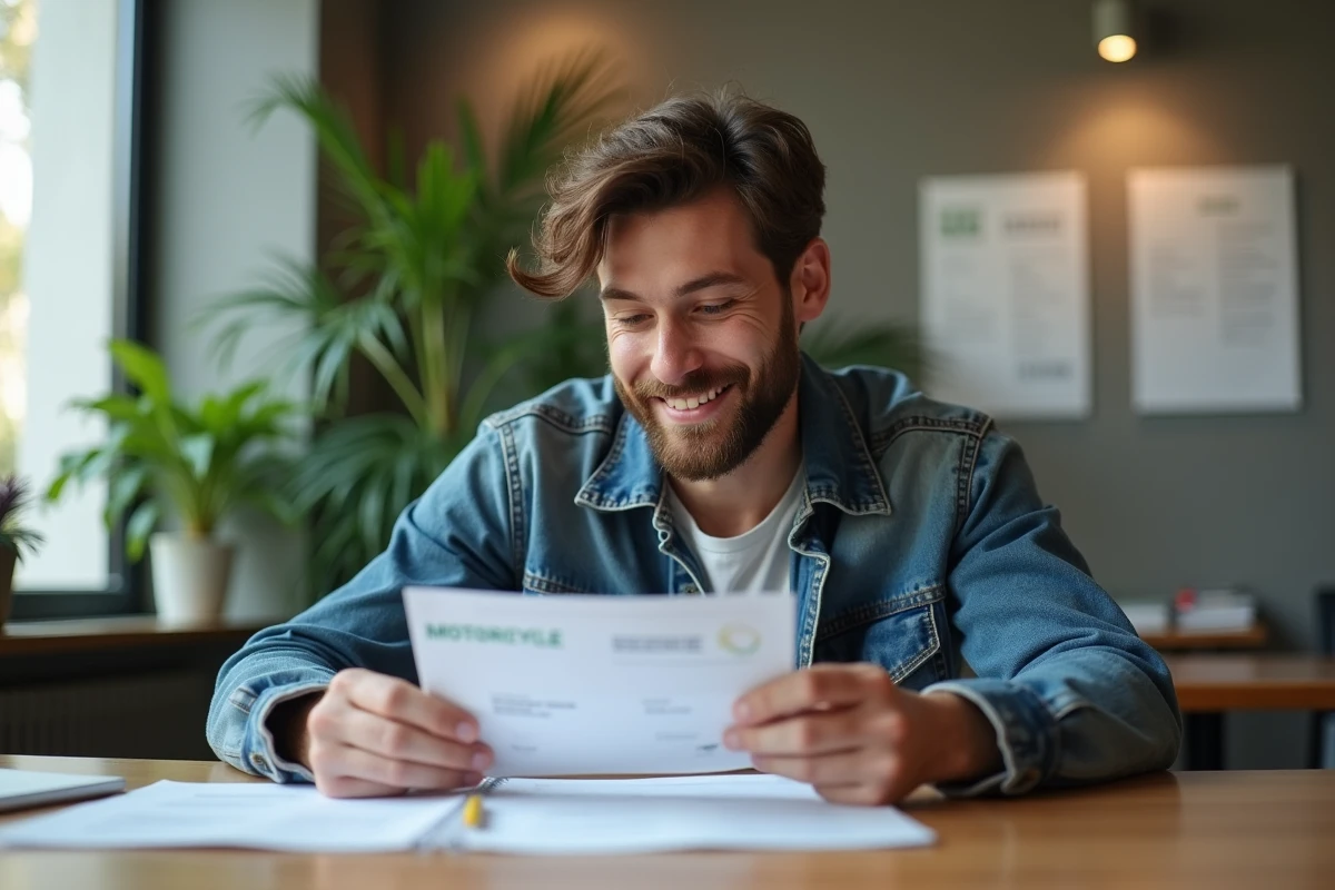 Jeune homme avec permis moto dans un bureau français