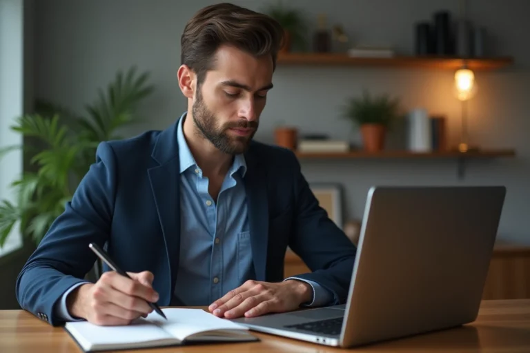 Jeune homme professionnel analysant un ordinateur dans un bureau moderne