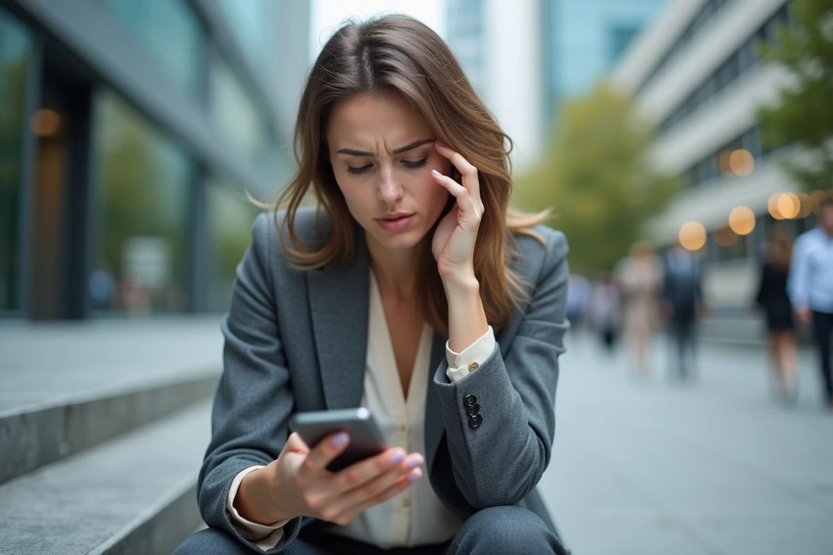 Jeune professionnelle épuisée assise dans les escaliers dehors, symptômes de burn out visibles