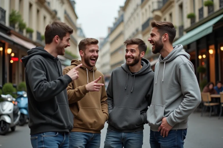 Groupe de jeunes hommes en conversation animée dans une rue parisienne, illustrant l'usage de l'expression wallah lahdim dans le langage courant