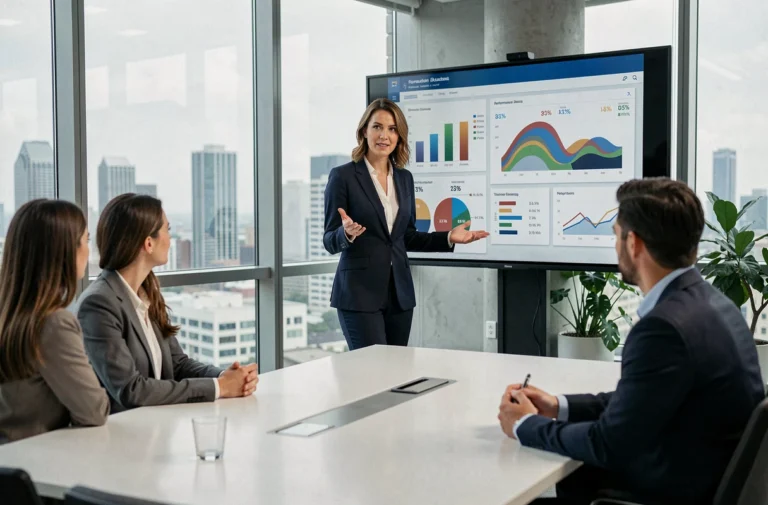 Dirigeante d'entreprise présentant des indicateurs de performance à son équipe dans une salle de conférence moderne