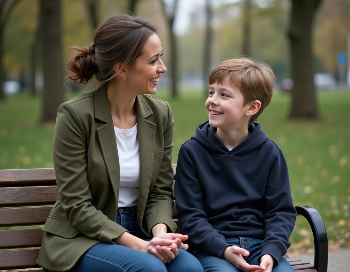 Mère à l'écoute de son enfant sur un banc de parc, communication bienveillante et accompagnement parental en extérieur