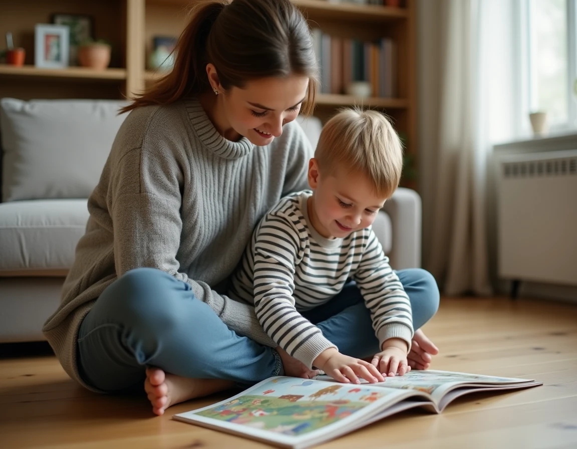 Mère accompagnant son jeune enfant dans la lecture d'un livre illustré sur le sol du salon, moment de complicité parentale