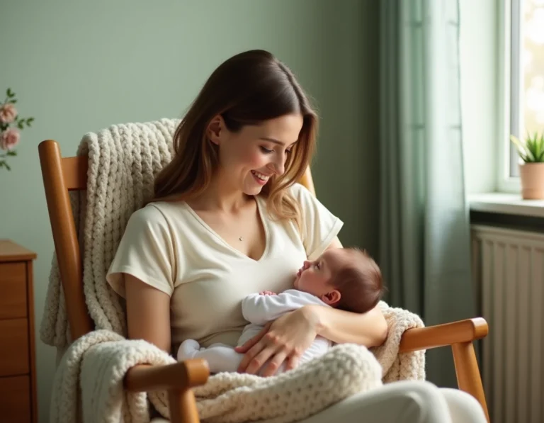 Jeune mère tenant son nouveau-né contre elle dans une chambre de bébé en bois naturel, atmosphère douce et intime