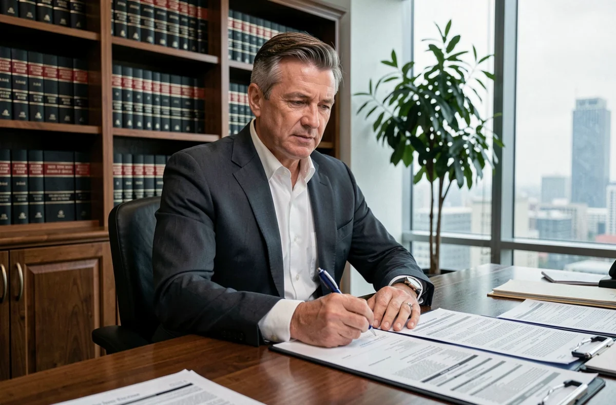 Notaire signant un contrat immobilier dans un bureau formel avec des documents officiels sur le bureau