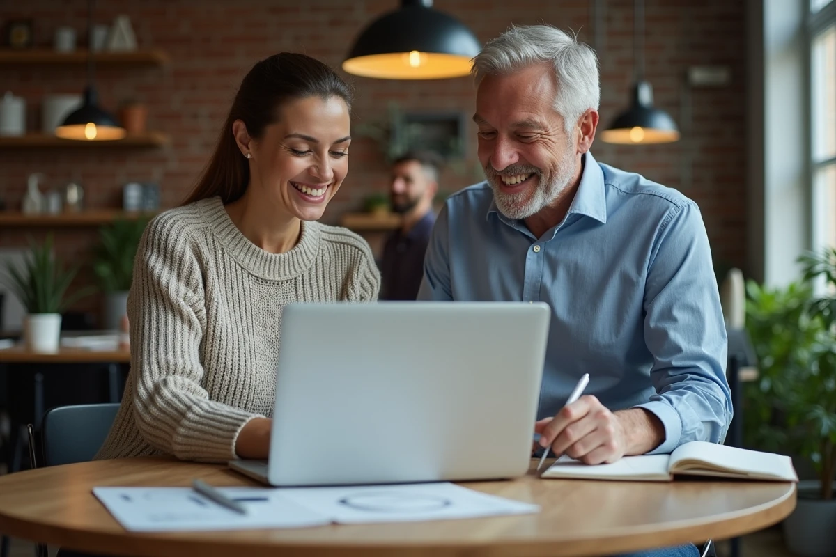 Deux professionnels analysant un rapport d'optimisation d'envois sur ordinateur portable dans un espace de coworking