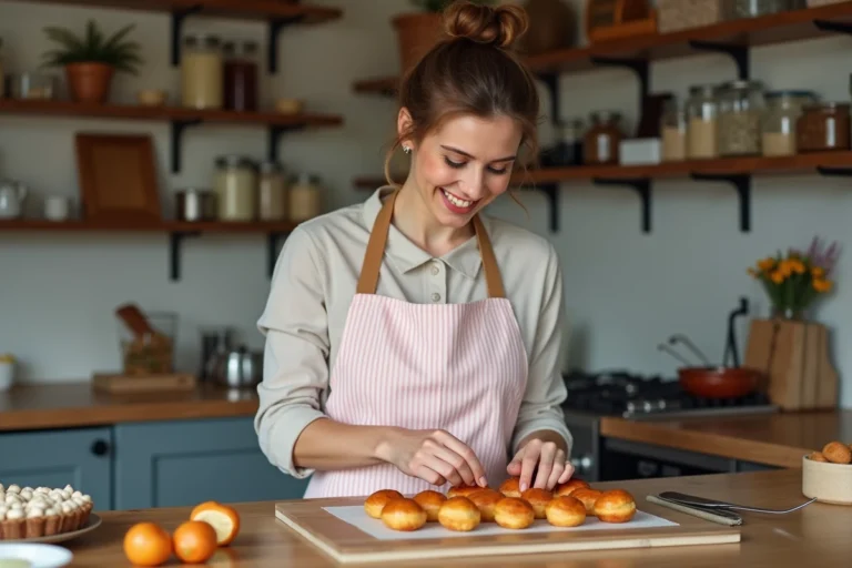 Jeune femme décorant des pâtisseries au caramel dans une cuisine chaleureuse