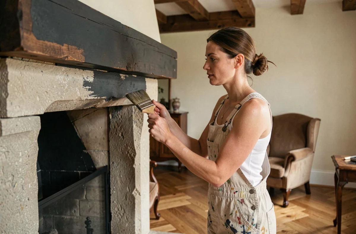 Femme en train de peindre une hotte de cheminée en pierre avec une couleur gris anthracite dans un salon rustique