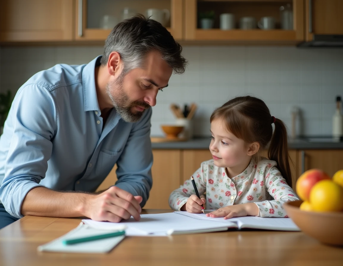 Père aidant sa fille à faire ses devoirs dans la cuisine familiale, accompagnement scolaire et soutien parental à la maison