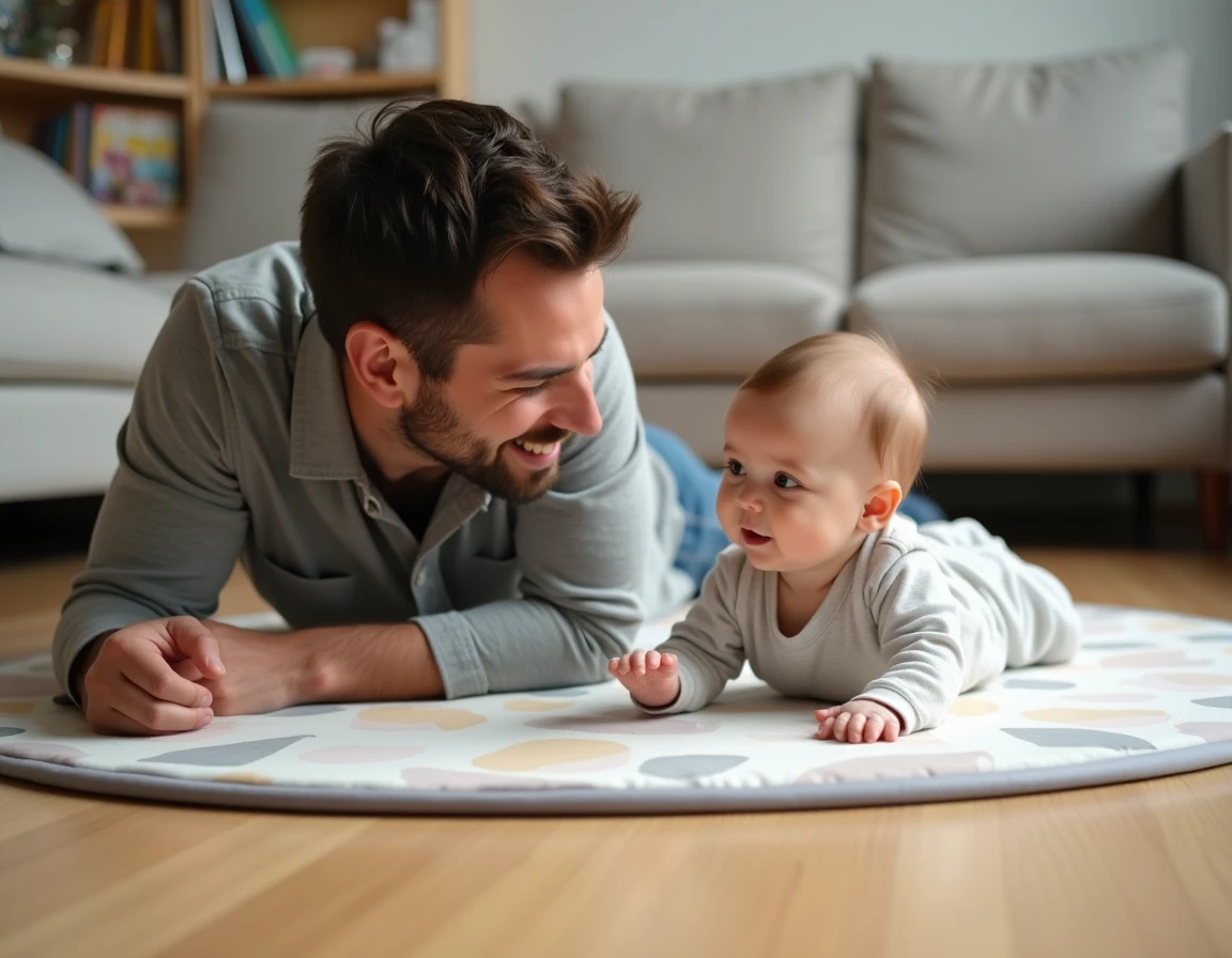 Père allongé sur un tapis d'éveil avec son bébé de trois mois lors d'une séance de temps sur le ventre à la maison