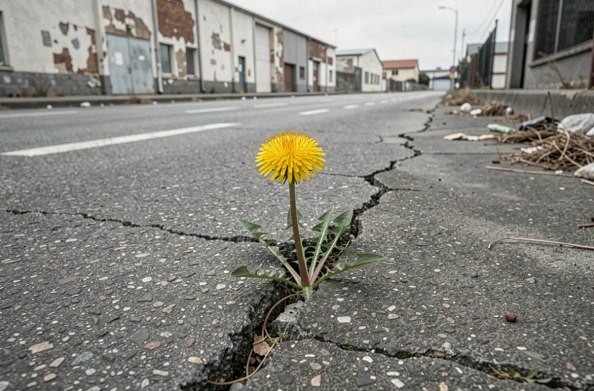 Pissenlit poussant dans une fissure de bitume urbain, puissant symbole de résilience face à l'adversité