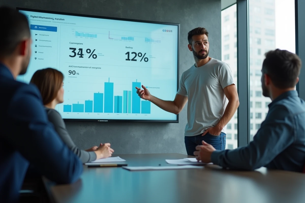 Jeune homme présentant des analyses marketing à ses collègues