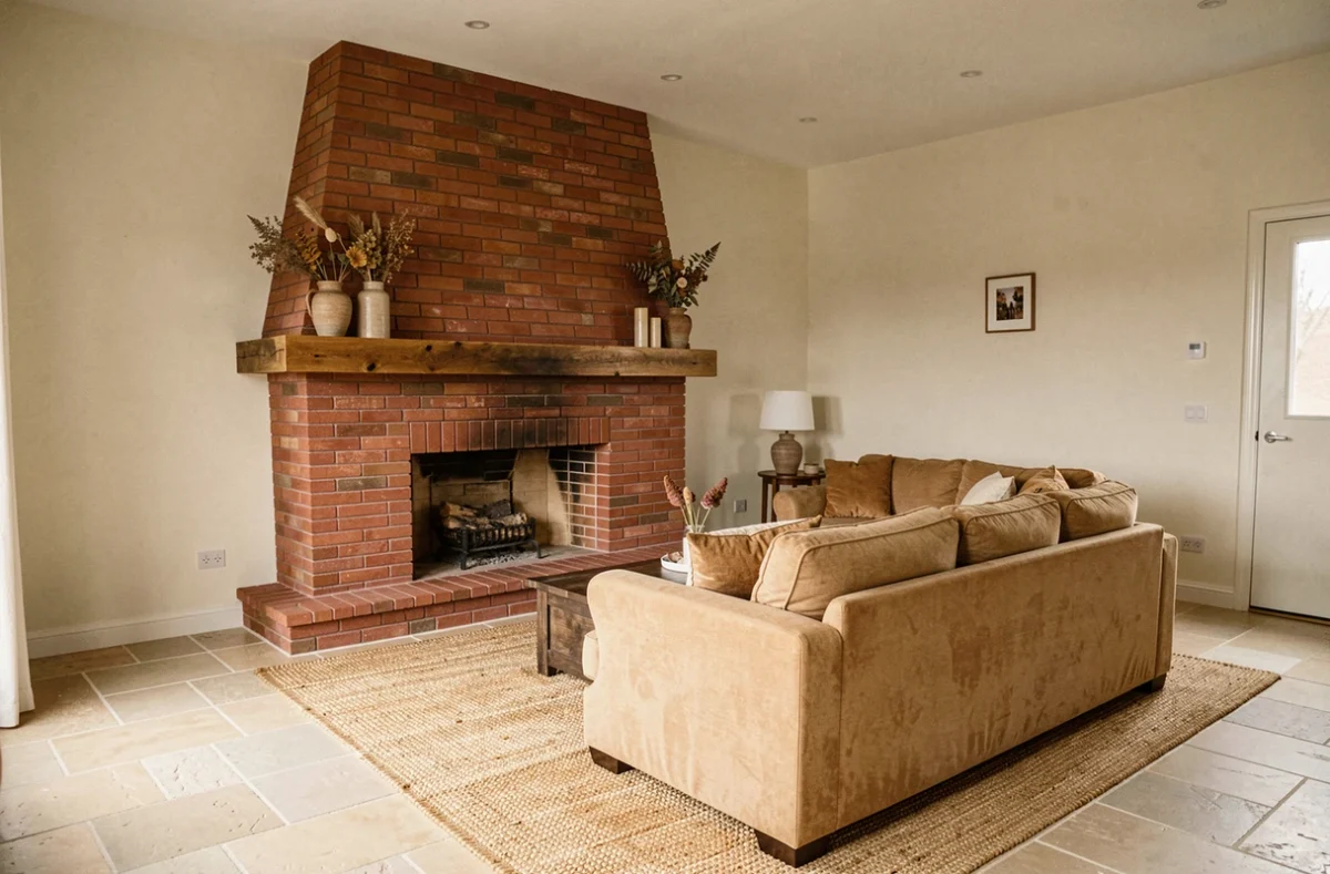 Salon rénové avec une hotte de cheminée en brique peinte en couleur terracotta comme élément décoratif central