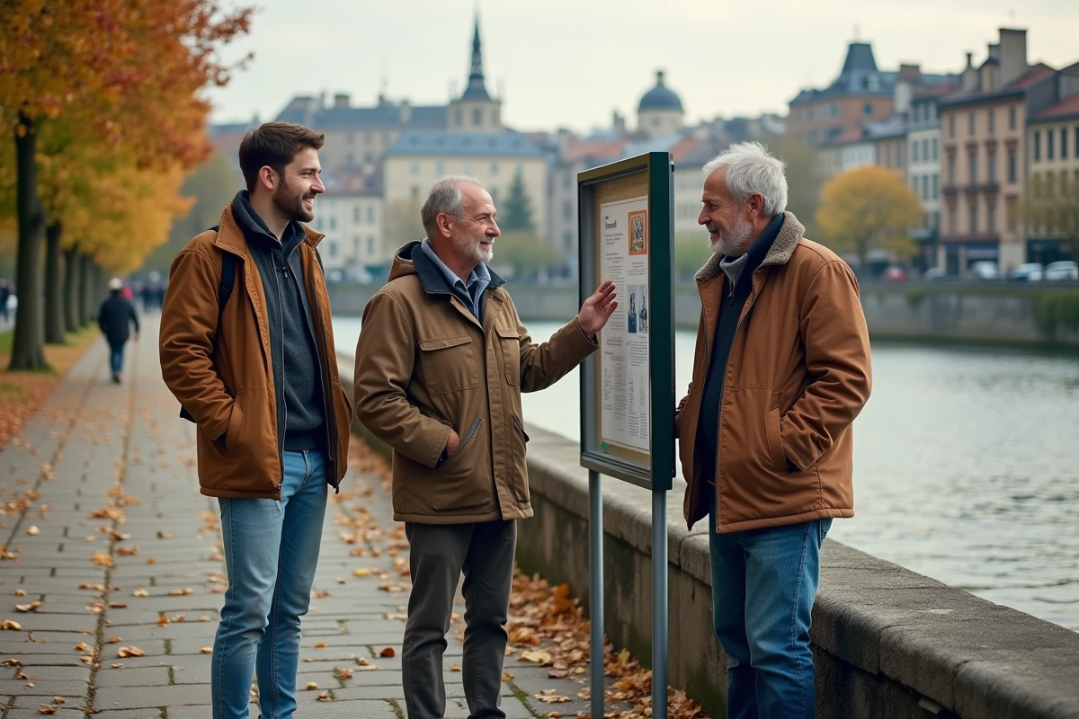 Trois hommes discutant près de la Charente avec vue sur Angoulême