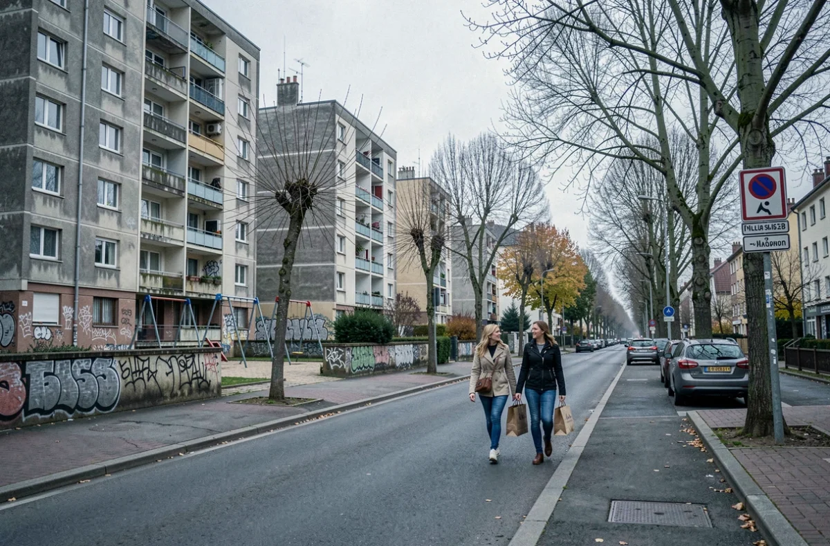 Rue d'une banlieue française avec immeubles d'habitation et habitants dans un quartier périurbain