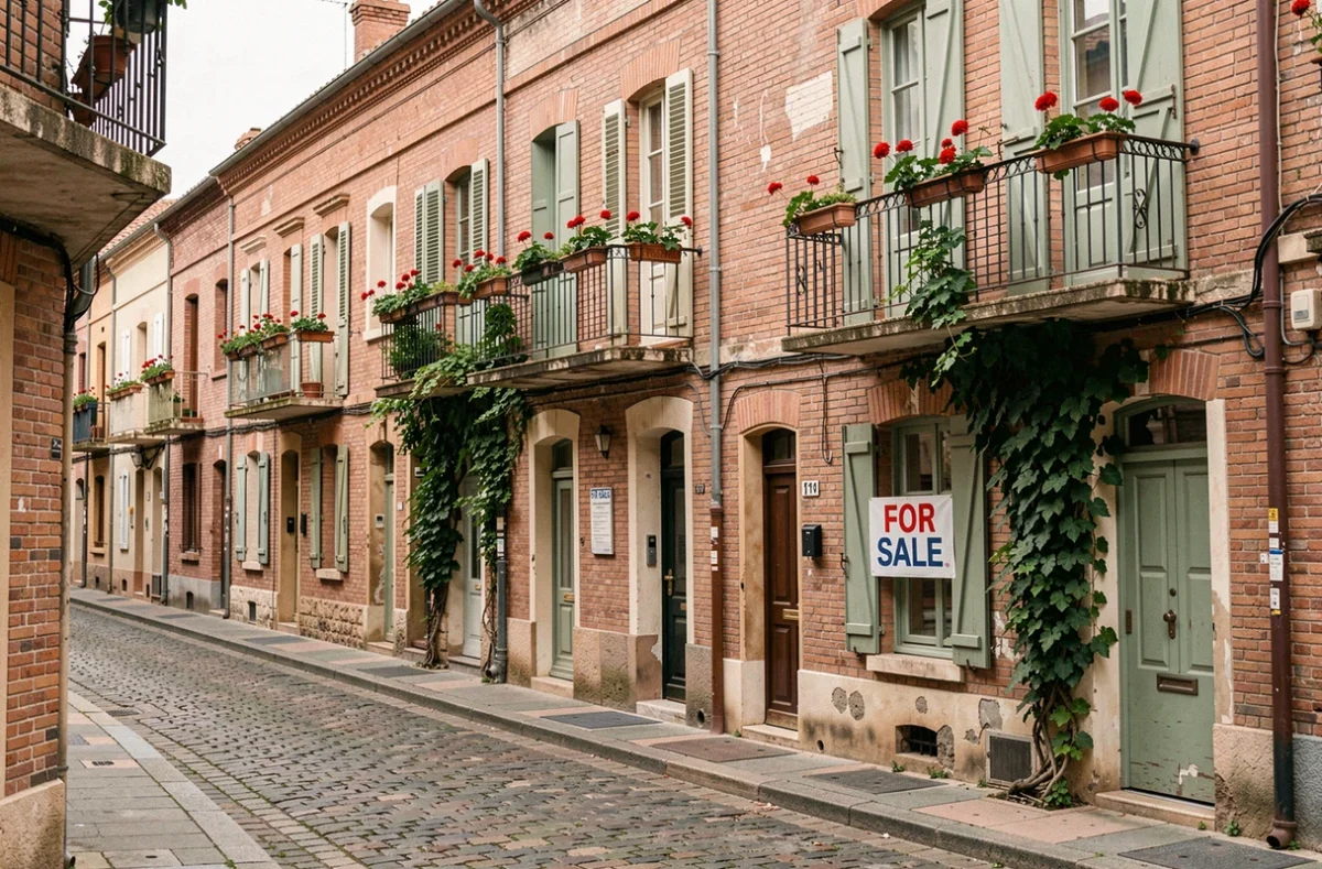 Rue résidentielle typique de Toulouse avec maisons en briques roses et panneau à vendre