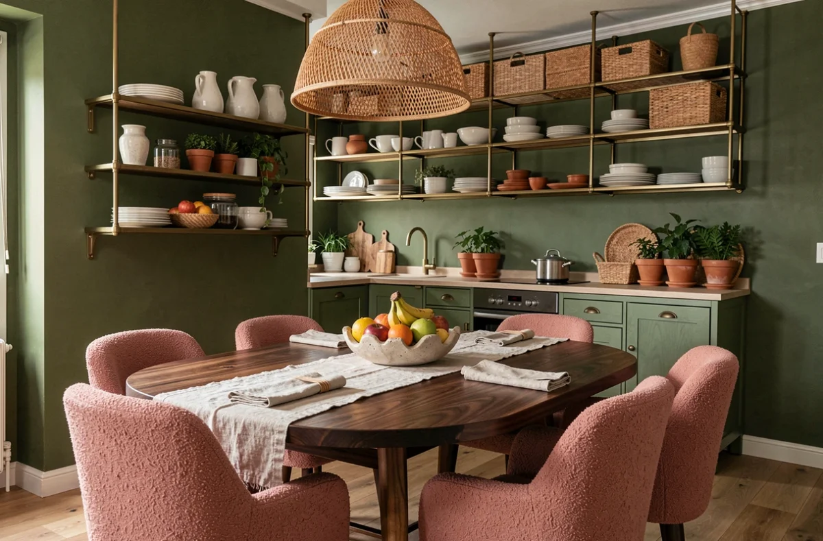 Salle à manger et cuisine en plan ouvert avec table en noyer, chaises boucle rose et étagères en laiton, tendances déco intérieure chaleureuse