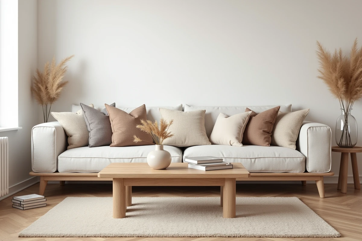 Salon scandinave cosy avec canapé en lin, parquet chêne clair et décoration en tons naturels pour un intérieur tendance