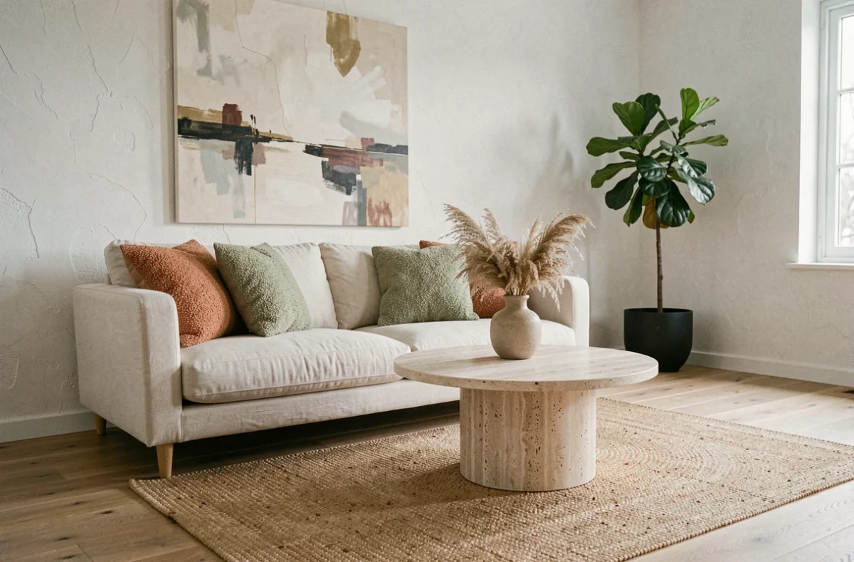 Salon scandinave contemporain avec canapé en lin crème, coussins en boucle terracotta et table basse en travertin, décoration tendance 2024