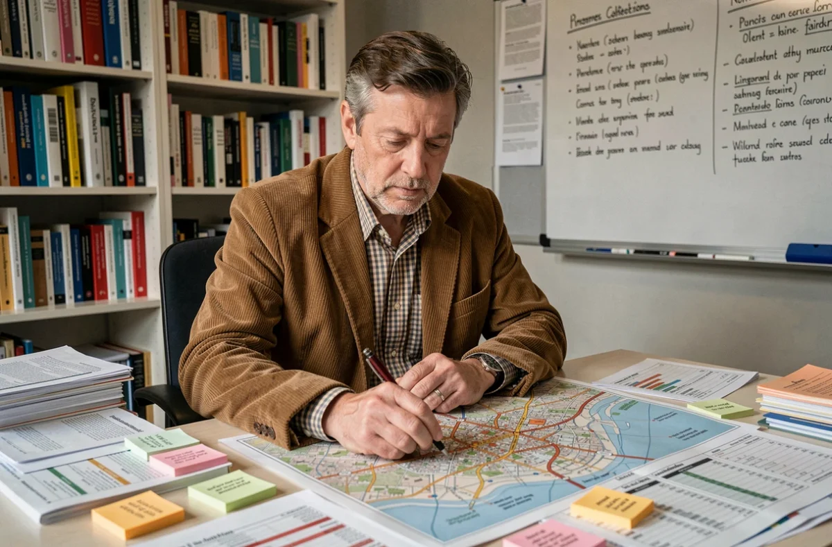 Sociologue urbain analysant des cartes de zonage des quartiers sensibles dans son bureau de recherche