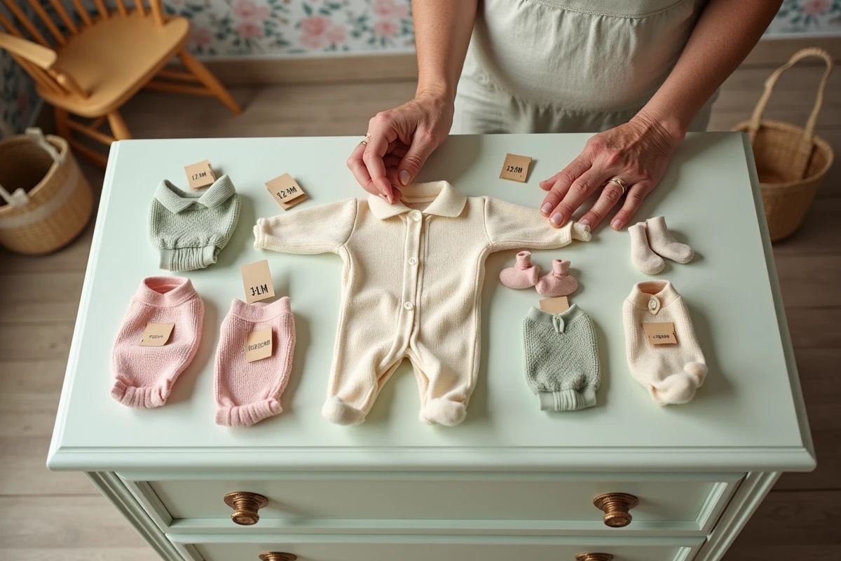 Mains d'une grand-mère triant des vêtements de bébé par tranches d'âge sur une commode en bois dans une chambre vintage