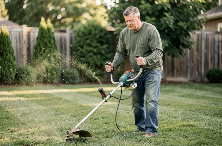 Homme utilisant un rotofil électrique pour border une pelouse de jardin résidentiel