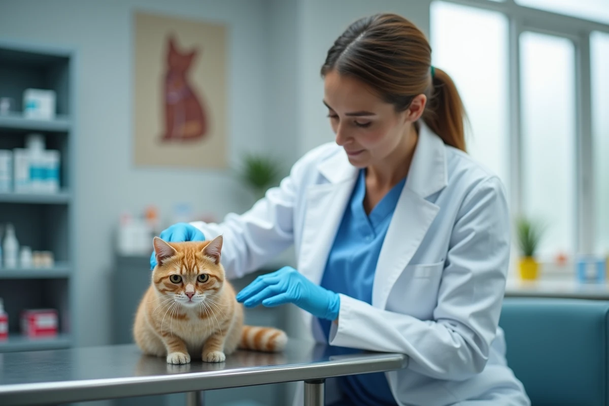 Vétérinaire examinant un chat présentant des symptômes d'intoxication sur une table d'examen en clinique vétérinaire